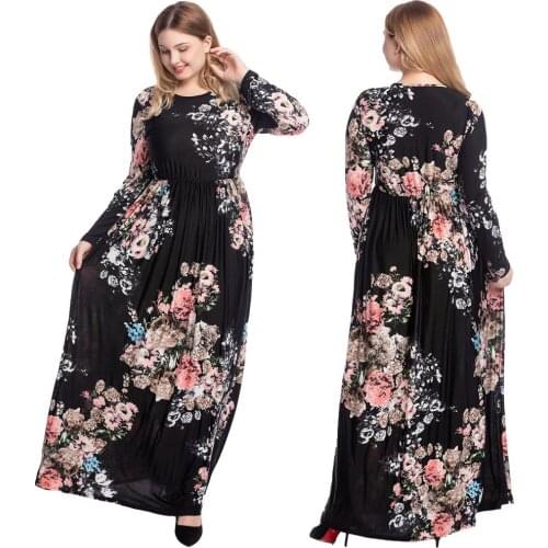 Muslim Women Printed Floral Long Maxi Dress Robe Abaya Plus Size Ramadan Islam Clothing Arab Draped Design Pleated Dress Casual