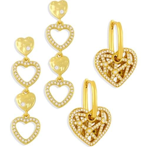 FLOLA Hollow Love Heart Earrings For Women Rhinestone Double Heart Drop Earrings Hanging Cubic Zirconia Trending Jewelry ersx02