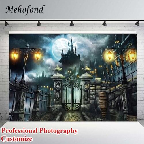 Mehofond Background For Photography Halloween Night Scary Castle Cloudy Sky Moon Warm Light Backdrop For Photo Studio Photozone