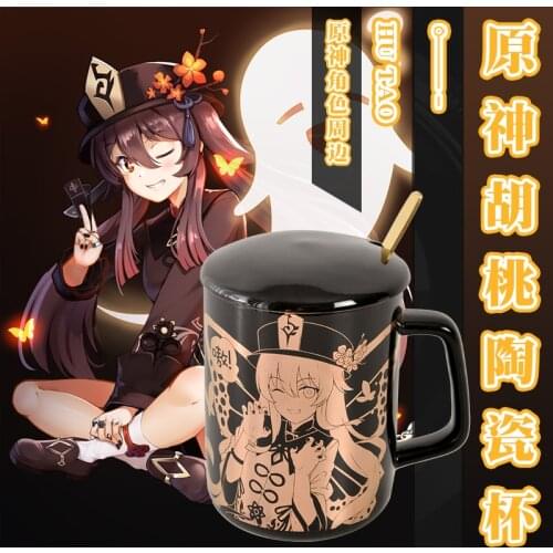 Game Anime Genshin Impact Hu Tao Ceramic Mug Cup Gold Stamping Men Women Spoon+Cup lid +Cup Fashion Xmas Gift Cup Coffee Water