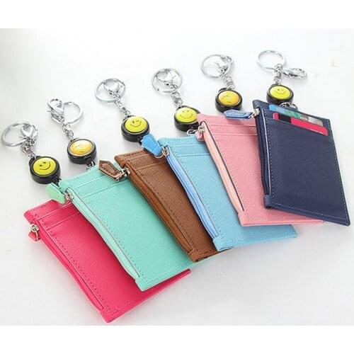 Leather ID Badge Card Holder Case Retractable Belt Zipper Purse Key Holder Keychain Clear Bank Credit Card Badge Accessories
