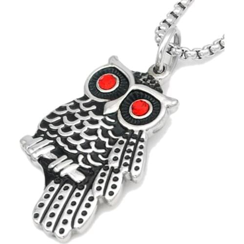 Cool Mens Red/White/Black Stone Owl Pendant Necklace Vintage Stainless Steel Best Friend Gift Jewelry P395