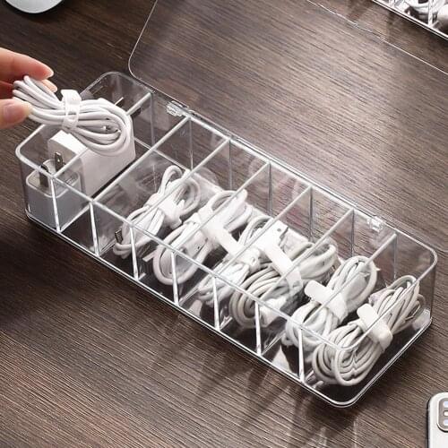 Desktop Data Cable Storage Box Transparent Multi-Grid Charger Power Cord Finishing Desktop Organizing Cable Winder Organizer