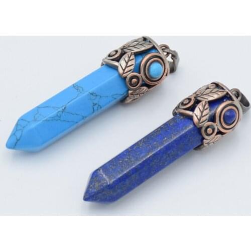 Natural Tiger eye Stone Healing Point Pendants for Necklaces Women Men Antique Leaf Hexagon Column Crystal Pillar Reiki Jewelry