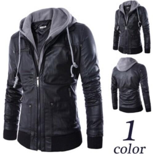 Mens slim hooded false two motorcycle leather coat thick warm jacket