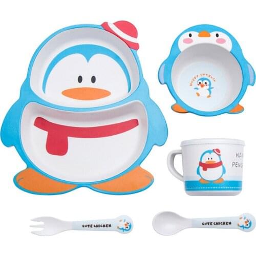 New Bamboo Fiber Childrens Tableware Set Household Baby Divided Table Plate Rice Bowl Spoon Fork Anti-hot Dinnerware Set