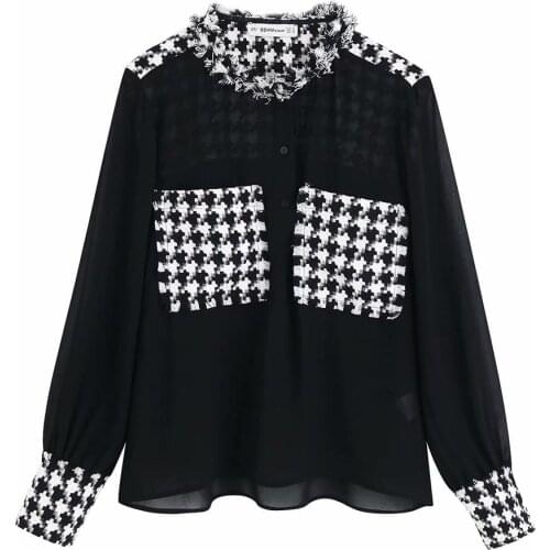 Autumn 2019 Womens Wear New Twisted Soft Fabric Fragrance Stitching Transparent Sexy Long Sleeve Chiffon Shirt