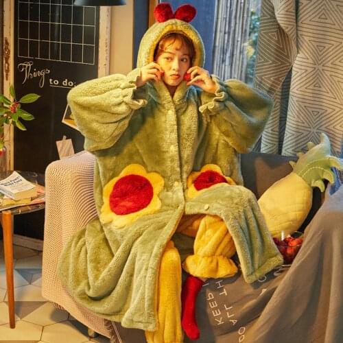 Autumn winter pajamas women пижама thick coral fleece Korean hooded warm home clothes thick bathrobe two-piece suit sleepwear