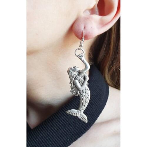 Silver Plated Antique Steel Mermaid Pattern Dangle Earrings