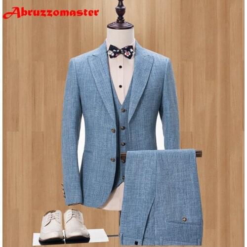 Slim Fit Linen Peaked Lapel Prom Mens Suit With Pant Two Buttons vestido de festa Wedding Suits for Men (Jacket+Vest+Pants)
