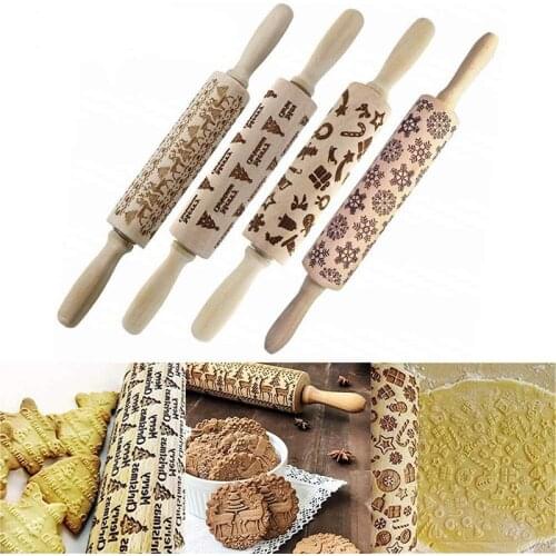 Christmas Tree Embossing Rolling Pin Wooden Carved Flower Deer Snowflake Engraved Pins Baking Cookies Noodle Biscuit Cake