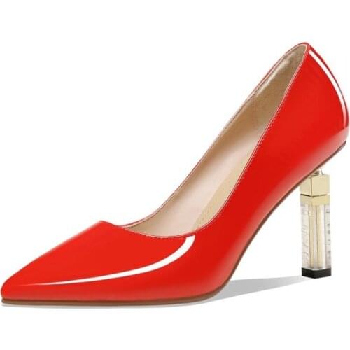 US4-11 Womens Pointy Toe Patent Leather Strange Clear Transparent Heel High Pumps Party Luxury Shoes French Style Plus Size
