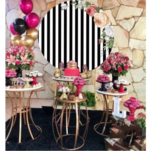 Wedding Flower Backdrop Bridal shower party decor floral baby shower custom black white stripes vinyl round plinth backgroundY05