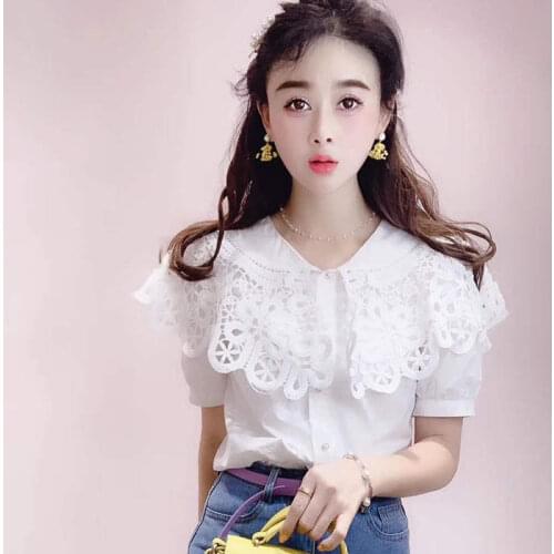 Women Blouse Summer Lace Crochet Stitching Short Sleeve White Top Shirt Women Blusas Mujer De Moda
