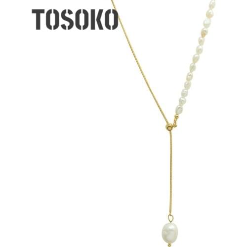 TOSOKO Stainless Steel Jewelry Drawable Tassel Clavicle Chain Natural Freshwater Pearl Pendant Womens Retro Necklace BSP1117