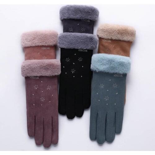 Q Women Winter Keep Warm Touch Screen Plus Fleece Thicken Gloves Drive Cycling Windproof Elegant Plush Wrist Bow Suede Fabric