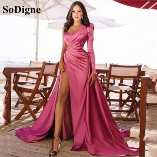 SoDigne Pink Mermaid Side Split Prom Dresses One Shoulder Long Sleeves Evening Gown Satin Pleated Formal Party Dress