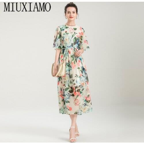 2021 New Summer Fashion O-Neck Print Waist Slim Chiffon Dress Womens Wear Temperament Office Lady