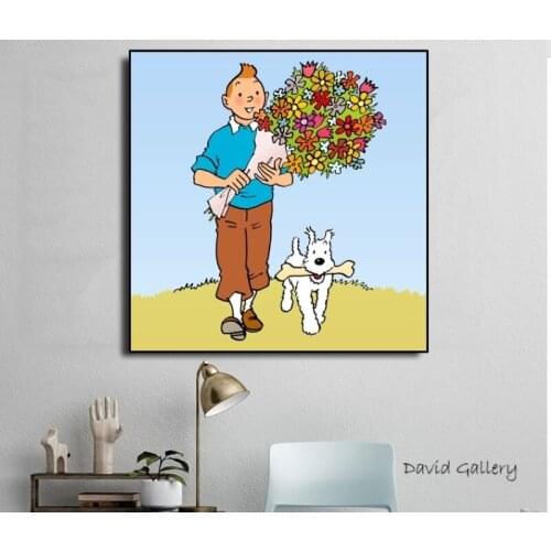 100% Hand Painted Oil Painting With Popular Art Graffiti Artworks TINTIN Cartoon On Canvas For Kids Room