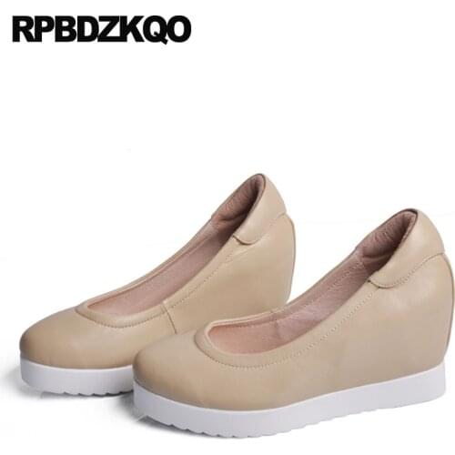 2018 Size 4 34 Work 3 Inch Designer White Wedge Shoes Nude Round Toe Footwear High Heels Pumps Office Elegant 33 Hidden Ladies