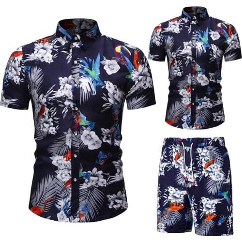 2021 Summer Mens Short Sleeve Tracksuit Floral Hawaiian Shirt Drawstring Elastic Shorts Suit Fashion 2 Piece Beach Outfits Sets