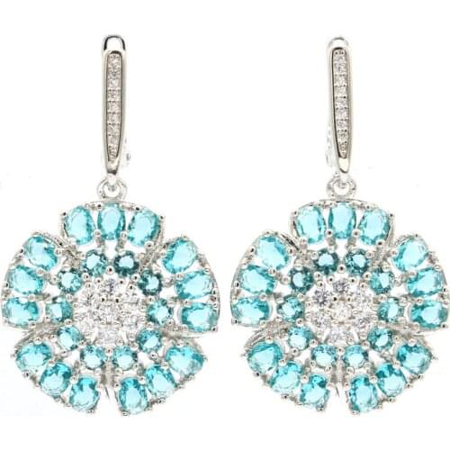 48x24mm Gorgeous Drop Shape 16.6g Created Paris Blue Topaz Rhodolite Garnet Women Dating Silver Earrings