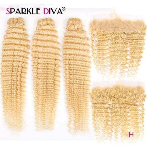 613 Deep Wave Bundles With Frontal Closure Peruvian Human Hair Extension Remy 613 Human Hair Weave Bundles With Frontal Closure