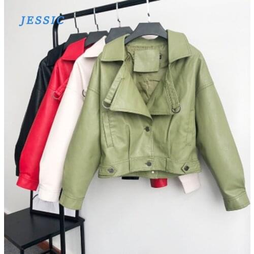 JESSIC 2021 Spring New Leather Jacket Womens Short Motorcycle Jacket Was Thin And High Waist Ladies Korean Style Loose Small