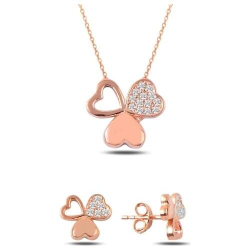 Kutaydan Zircon Stone Heart Clover Set 925 Sterling Silver Made in Turkey