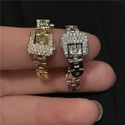 LOVOACC Unique Design Shiny CZ Zircon Belt Rings for Women Brass Gold Adjustable Chunky Belted Finger Ring Sweet Cool Jewelry
