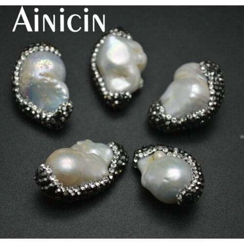 10pcs Big Size 15x25mm Natural Freshwater Pearl Baroque Style Rhinestone Clay Pave DIY Jewelry Making Materials