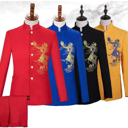 2019 Men Singers Clothes Chinese Tunic Suit Plus Size Red Set Dragon Embroidered Suits Jacket Pants Men Singer Show Wear VDB864