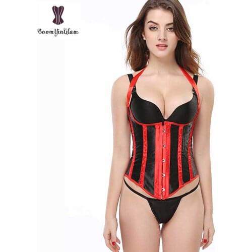 Wholesale price 4 colors satin halterneck waist cincher body shaperwear costume underbust corset Stripped Busk Gorset Sexy Korse