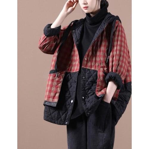 2021 New Arrival Winter Women Casual Loose Long Sleeve Hooded Collar Coat Cotton Patchwork Plaid Single Breasted Parka W579
