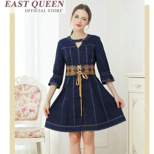 2018 Spring and Autumn New Women Hollowed-out V neckline Seven-point Sleeve Belt Retro Umbrella Denim Dress FF129 S