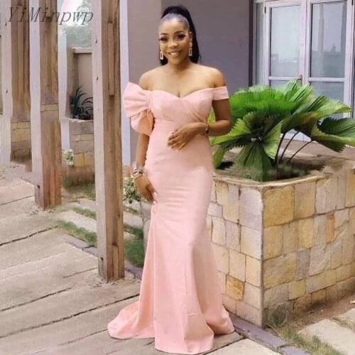 YiMinpwp Pink Mermaid Bridesmaid Dresses Off Shoulder Sweep Train Bow Garden Wedding Guest Party Gowns Maid of Honor Dress