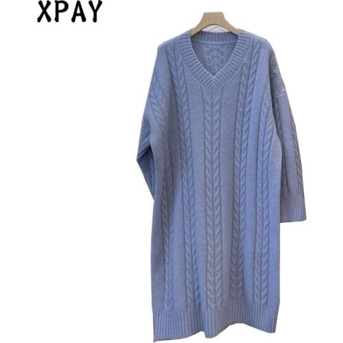 One Piece V-Neck Knitted Dress Female Autumn High Elastic Twist Knitted Sweater Dress Female Winter Oversize Loose Midi Dresses