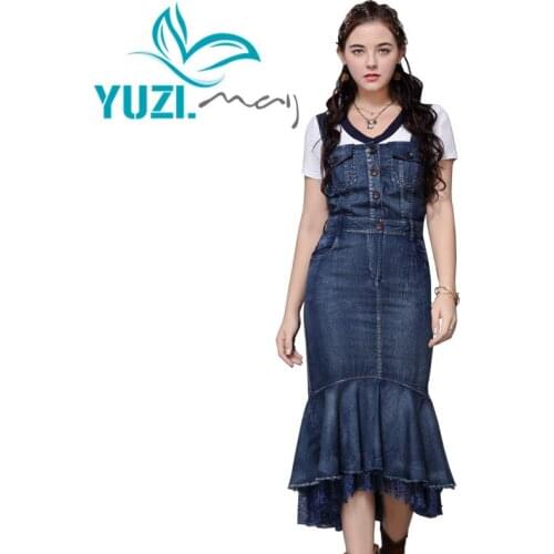 Dress Women 2020 Yuzi.may Boho New Denim Dresses Female Lace Patchwork Buttons Pockets Suspender Mermaid Vestidos A82201 Vestido