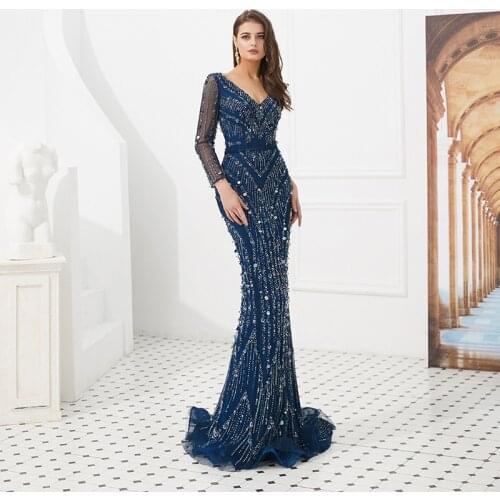 2019 Sexy Crystal Beaded Long Sleeve Evening Dresses V Neckline Mermaid Cut Blue Tulle Women Evening Gown