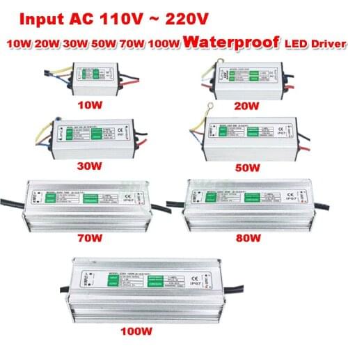 1pcs Waterproof Power Supply Input AC 110V ~ 220V 10W 20W 30W 50W 70W 80W 100W Ouput DC 27~38V LED Driver for Chip Lamp Light