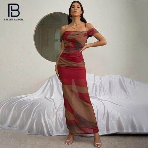 PB Stylish Color Block Mesh Long Dress Sexy Square Collar Off Shoulder Celebrity Party Club Vestido Free Shipping