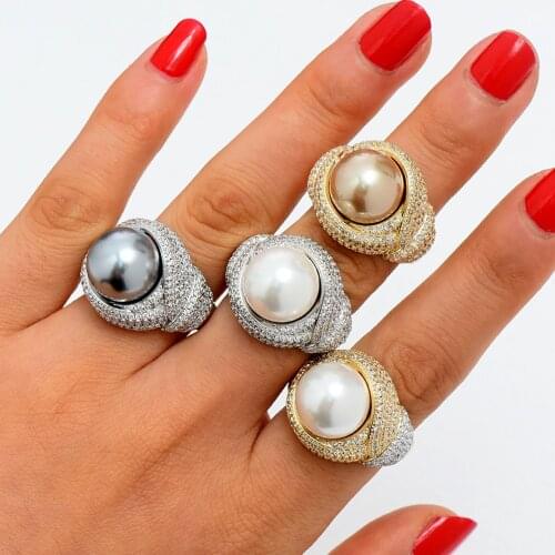 GODKI Luxury Big Imitation Pearl Flower Bold Statement Rings with Zircon Stones 2020 Women Engagement Party Jewelry High Quality