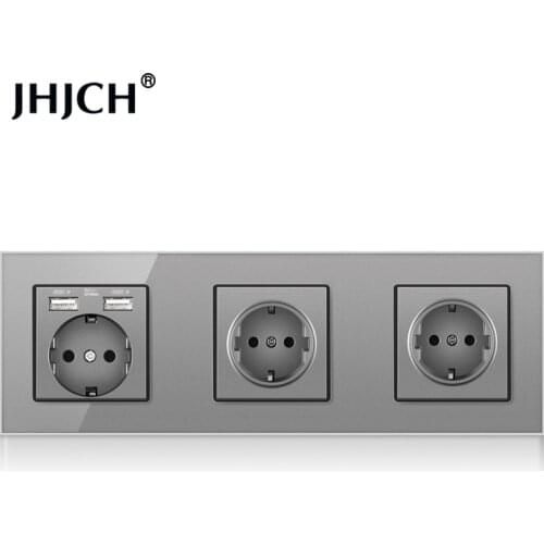 Jhjch 16A EU Standard Wall Socket Crystal Glass Panel Power Outlet Grounded With Child Protective Door Grey