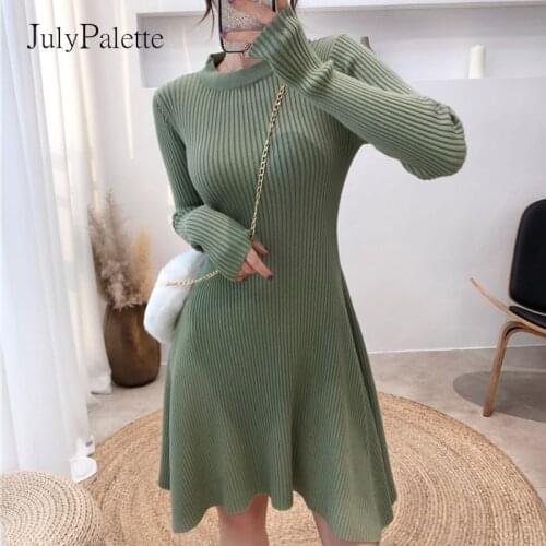 JulyPalette 2021 Autumn Winter Thicken O-neck Pullover Sweater Dress Solid Casual Female Long Sleeve A-line Slim Knitted Dress