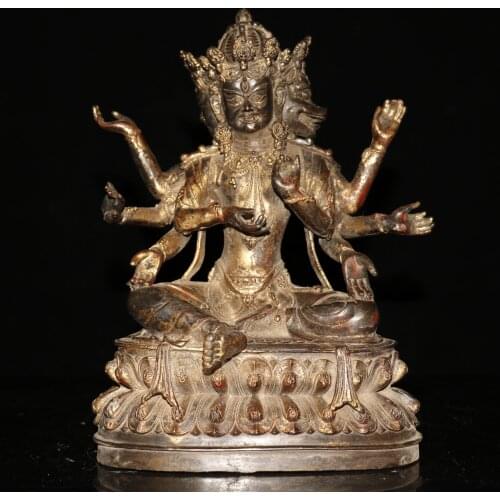 11"Chinese temple collection Old Bronze Cinnabar Lacquer Three heads Eight arms Mahakala Buddha Statue Sitting Buddha Enshrine