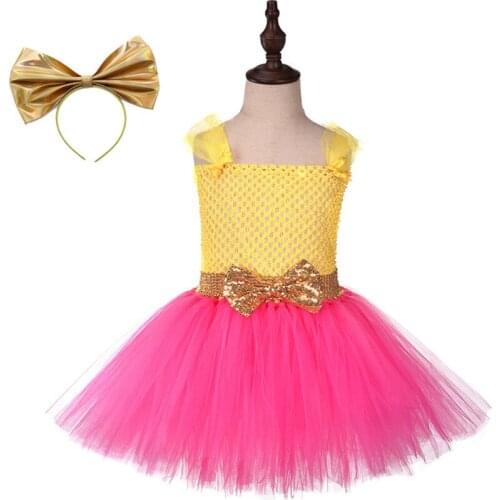 Princess Girls Costume Hot Pink Yellow Toddler Birthday Party Tutu Dress With Gold Headband Kids Role Play Cosplay Cartoon Cloth