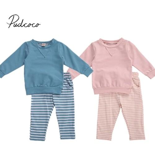 Newborn Baby Girls Baby’s Long-sleeved Trousers Suit Fresh Solid T-shirt and Elastic Stripe Long Pants Spring Autumn Clothing