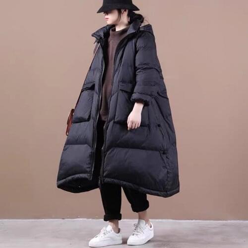 Pocket Stand Collar Duck Down Jacket With Detachable Hat Womens Casual Large Hem Solid Color Oversized Outerwear