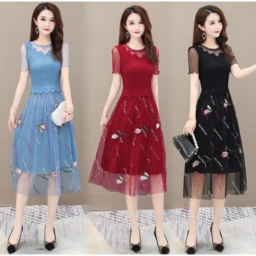 2021 Summer Long Solid Dress Lace Chiffon Short Sleeve Party Vestidos Embroidery Floral O-neck M-3XL Black Red Beach Soft Robe