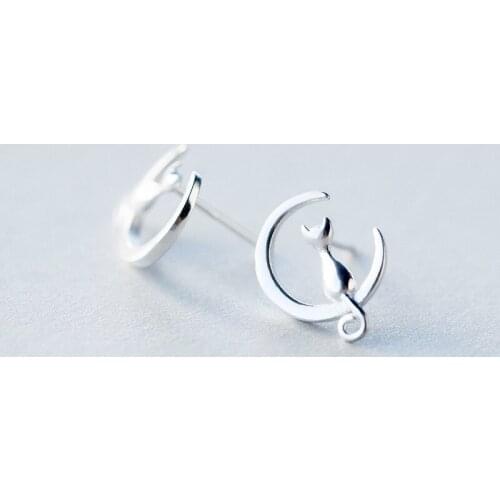 MloveAcc New Real 925 Sterling Silver Handmade Elegant Cats In the Moon Shaped Stud Earrings Jewelry for Women Girl Wholesale